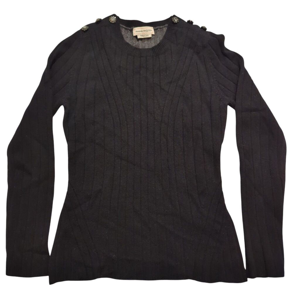 Alexander McQueen Women's Sz XL Sweater Wool Ribbed Black Gray Shoulder Pendants